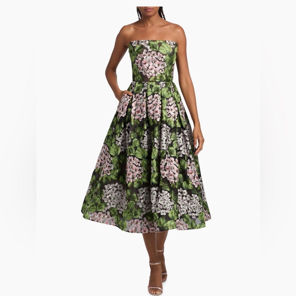 Bronx & BANCO Strapless Floral Midi Dress in Black, Green & Pink